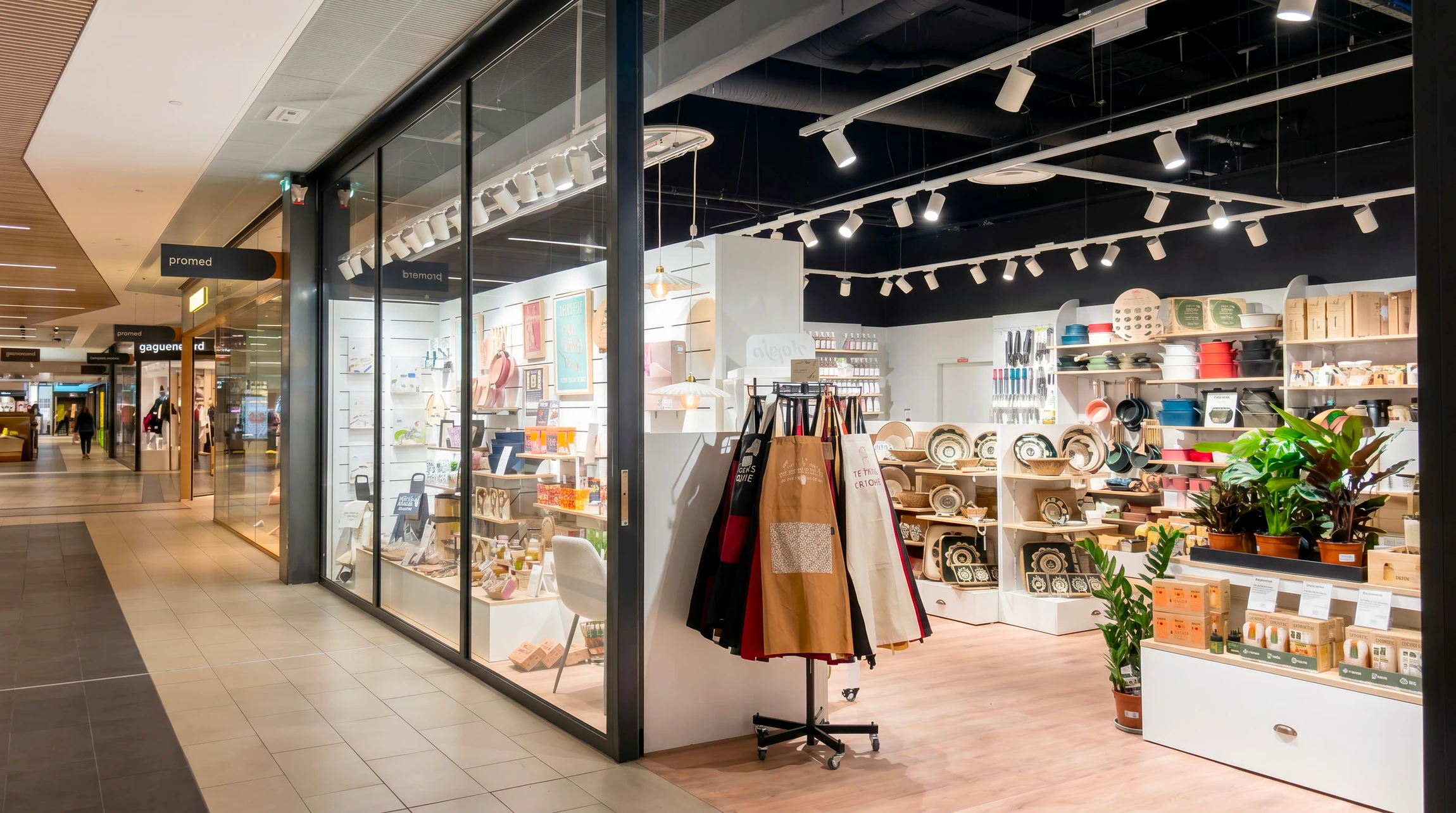 Vitrine lumineuse d'une boutique de cadeaux et décoration "La Petite Fabrique" dans un centre commercial
